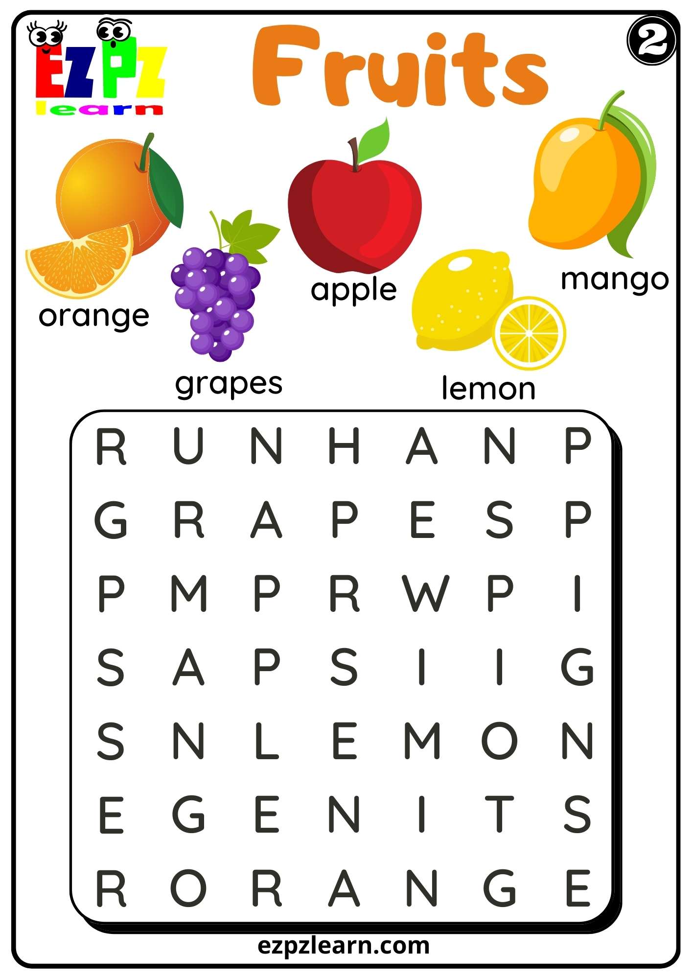 Fruits Word Search Worksheet for K5 Kindergarten and ESL Free PDF Download Set 2